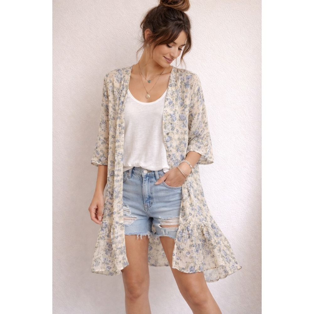 Maurices Floral Boho Duster Cardigan Size L Ruffle Hem Sheer Layering Piece